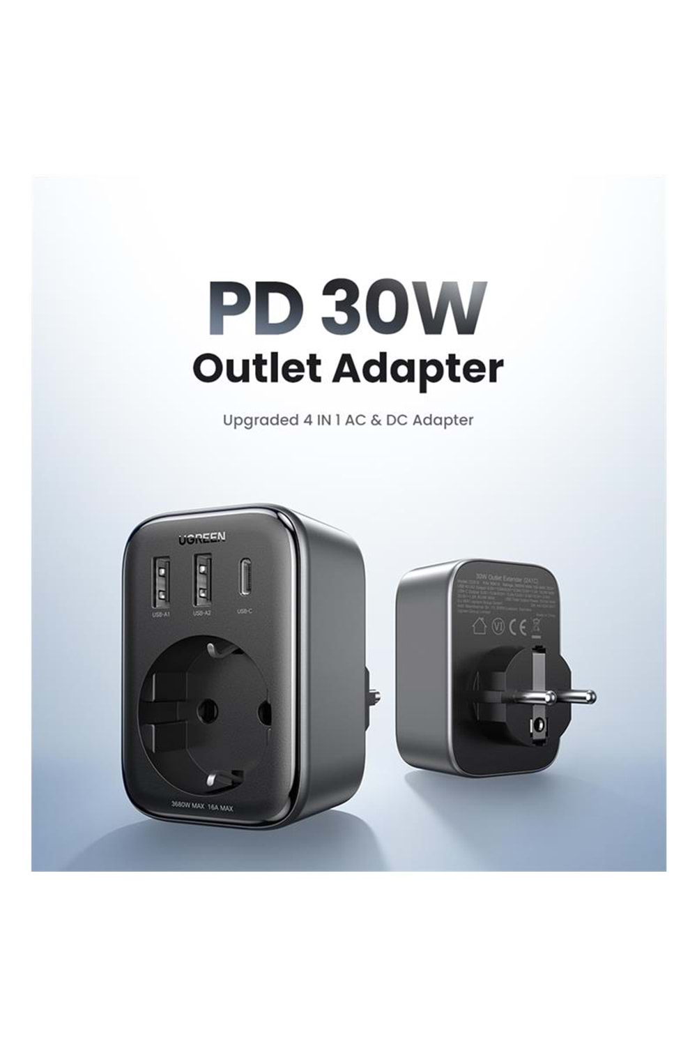 UGREEN AKIM KORUMALI DUVAR PRİZİ 2XUSB-A TYPE-C 30W GAN HIZLI ŞARJ CİHAZI 90613 
