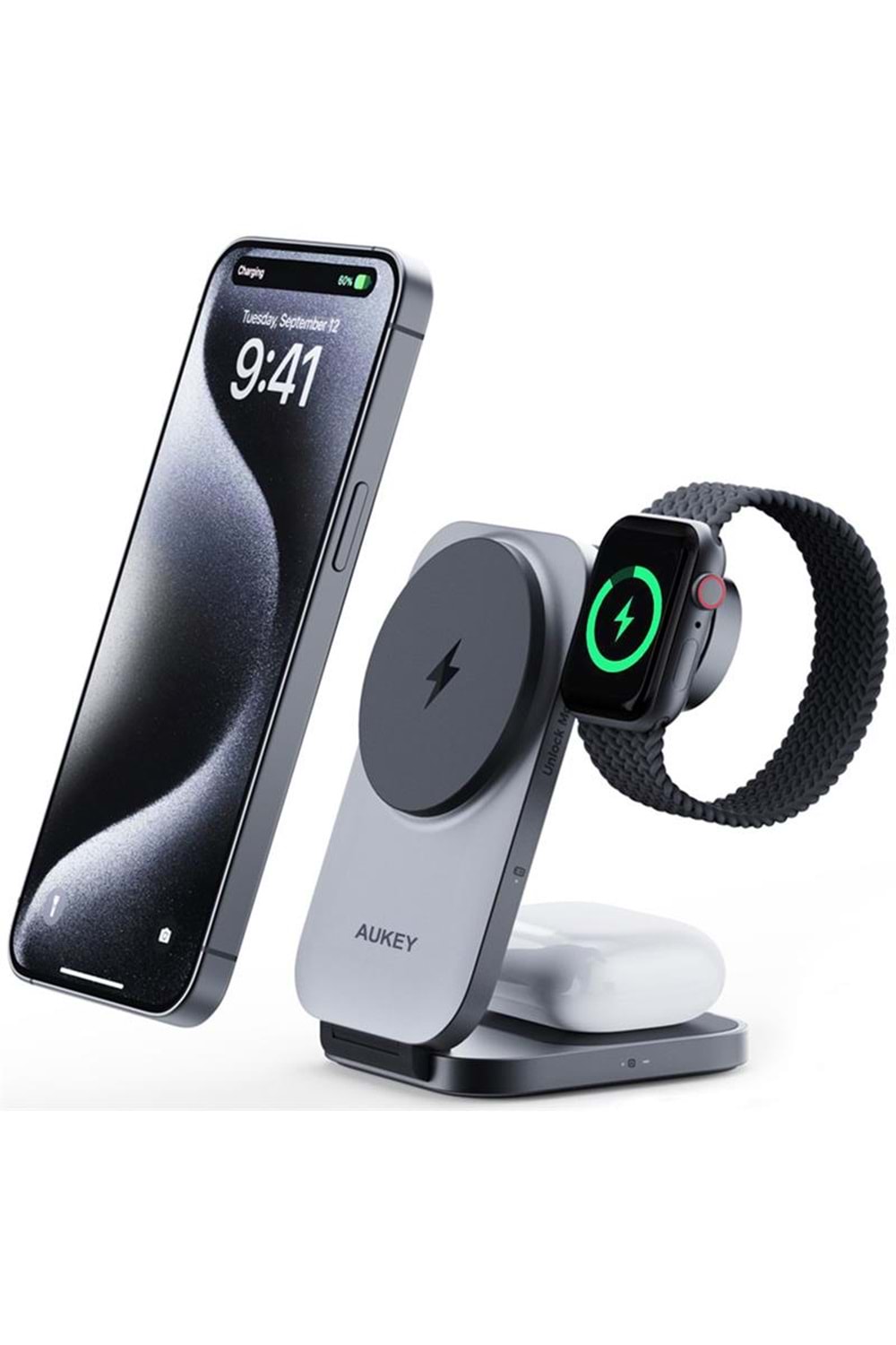 AUKEY LC-MC312-GY MAGFUSION Z QI2 15W KATLANABİLİR 3 Ü 1 ARADA MIKNATISLI KABLOSUZ ŞARJ CİHAZI 