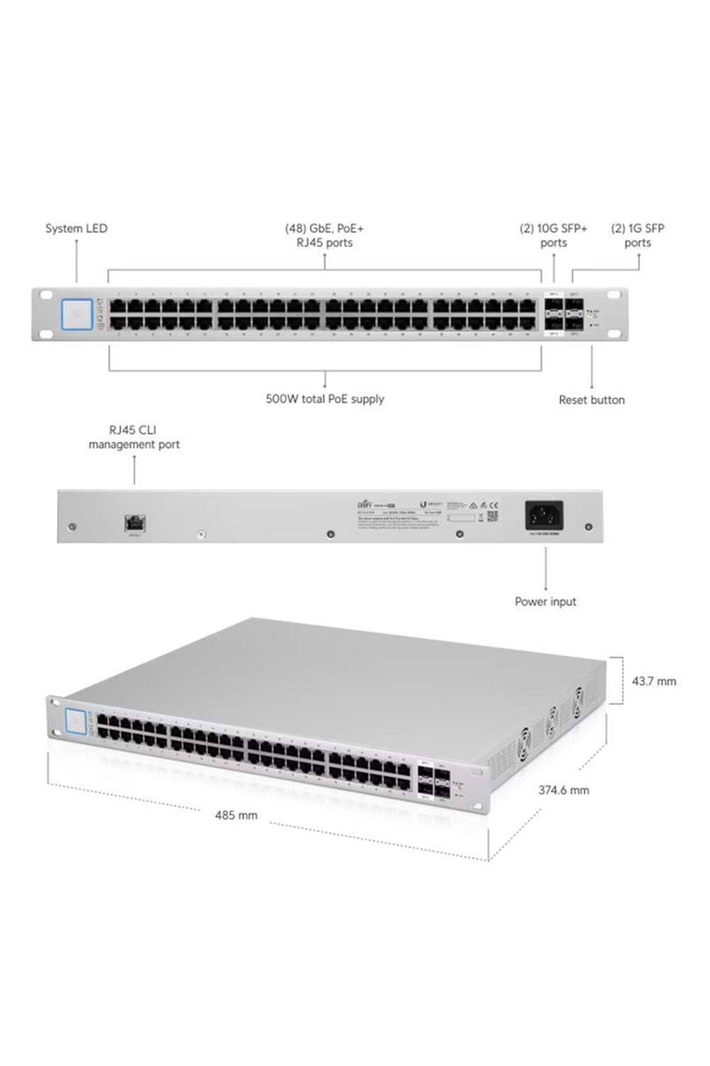 UBNT US-48-500W 48 PORT GIGABIT +2X1GB/2X10GB SFP UPLINK RACKMOUNT 500W POE SWITCH 