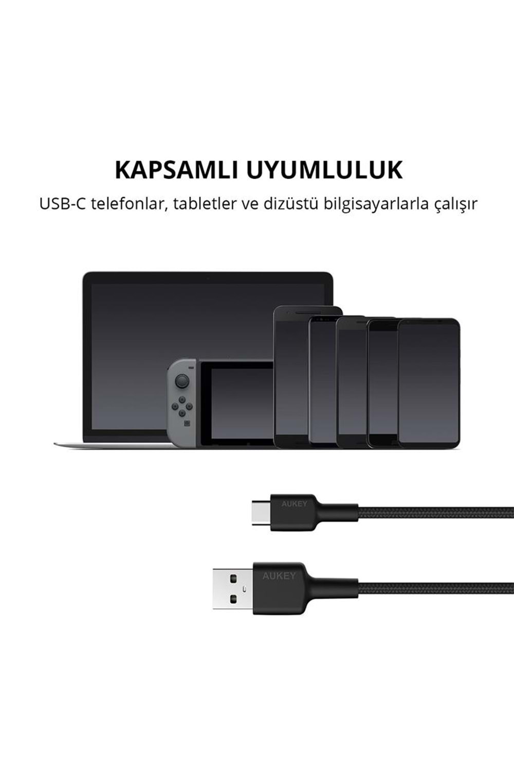 AUKEY CB-CD30-BK NAYLON ÖRGÜLÜ USB-A TYPE-C ŞARJ KABLOSU 0.9MT 