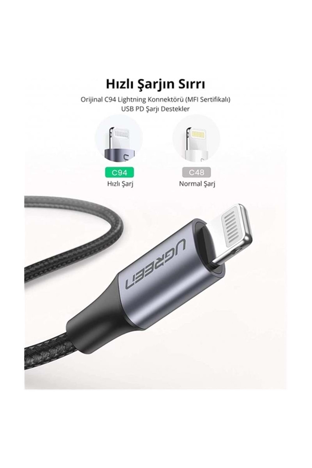 UGREEN TYPE-C TO LIGHTNING 3A PD MFİ SERTİFİKALI ÖRGÜLÜ HIZLI ŞARJ KABLOSU 1 MT SİYAH 60759 