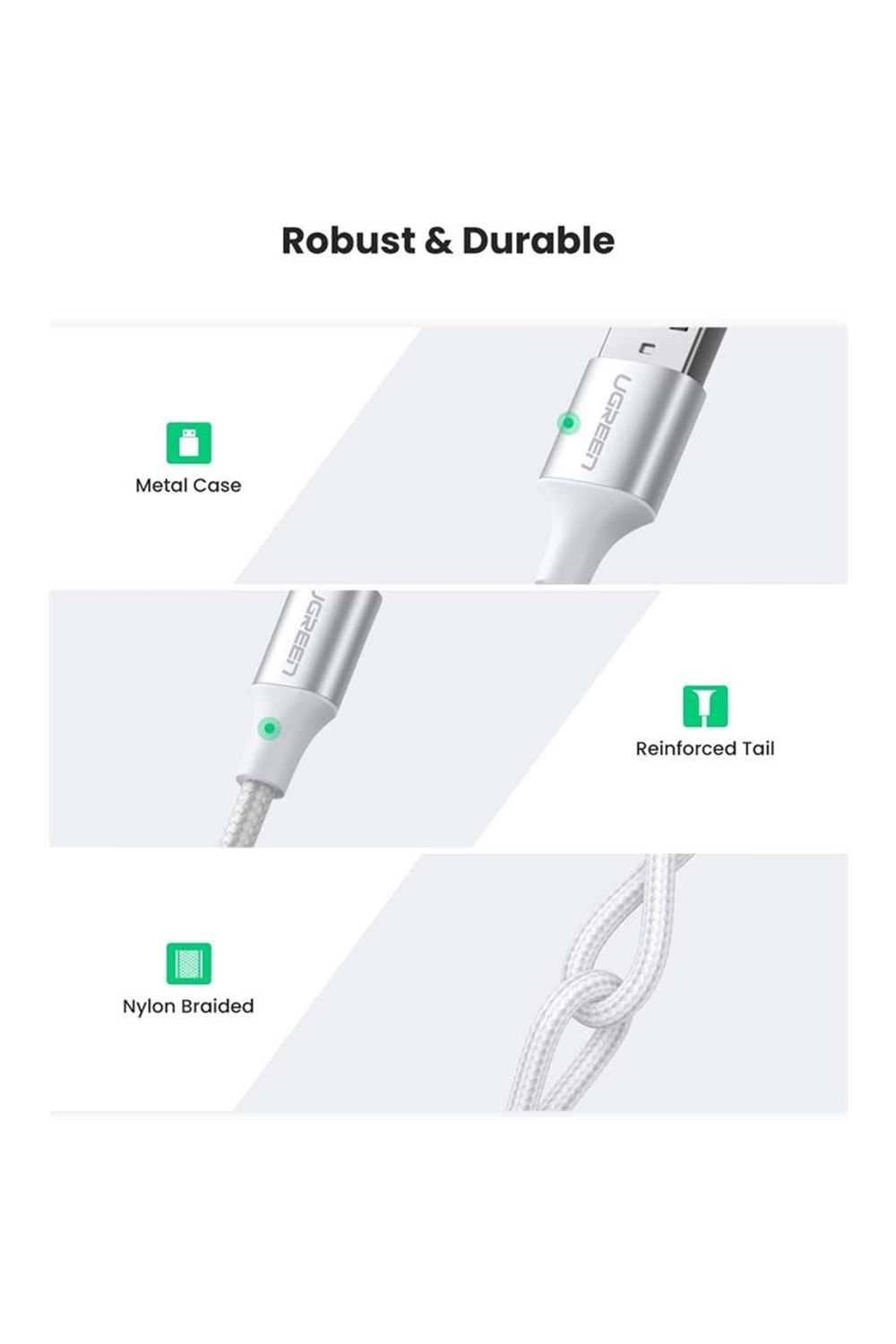 UGREEN TYPE-C TO USB-A 3A QC ÖRGÜLÜ HIZLI ŞARJ KABLOSU 2 MT GÜMÜŞ BEYAZI 60133 