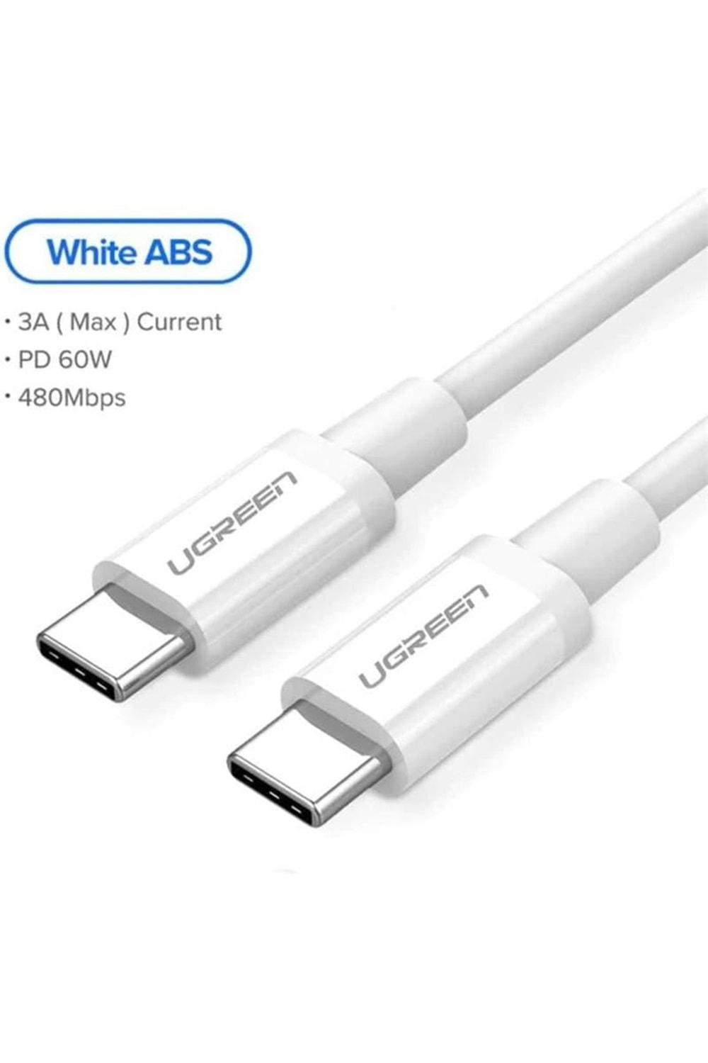 UGREEN USB-C 60W 3A QC PD HIZLI ŞARJ KABLOSU 1 MT BEYAZ 60520 