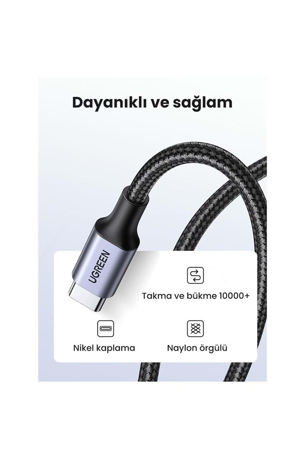 UGREEN USB-C 60W 3A QC PD ÖRGÜLÜ HIZLI ŞARJ KABLOSU 2 MT SİYAH 50152 