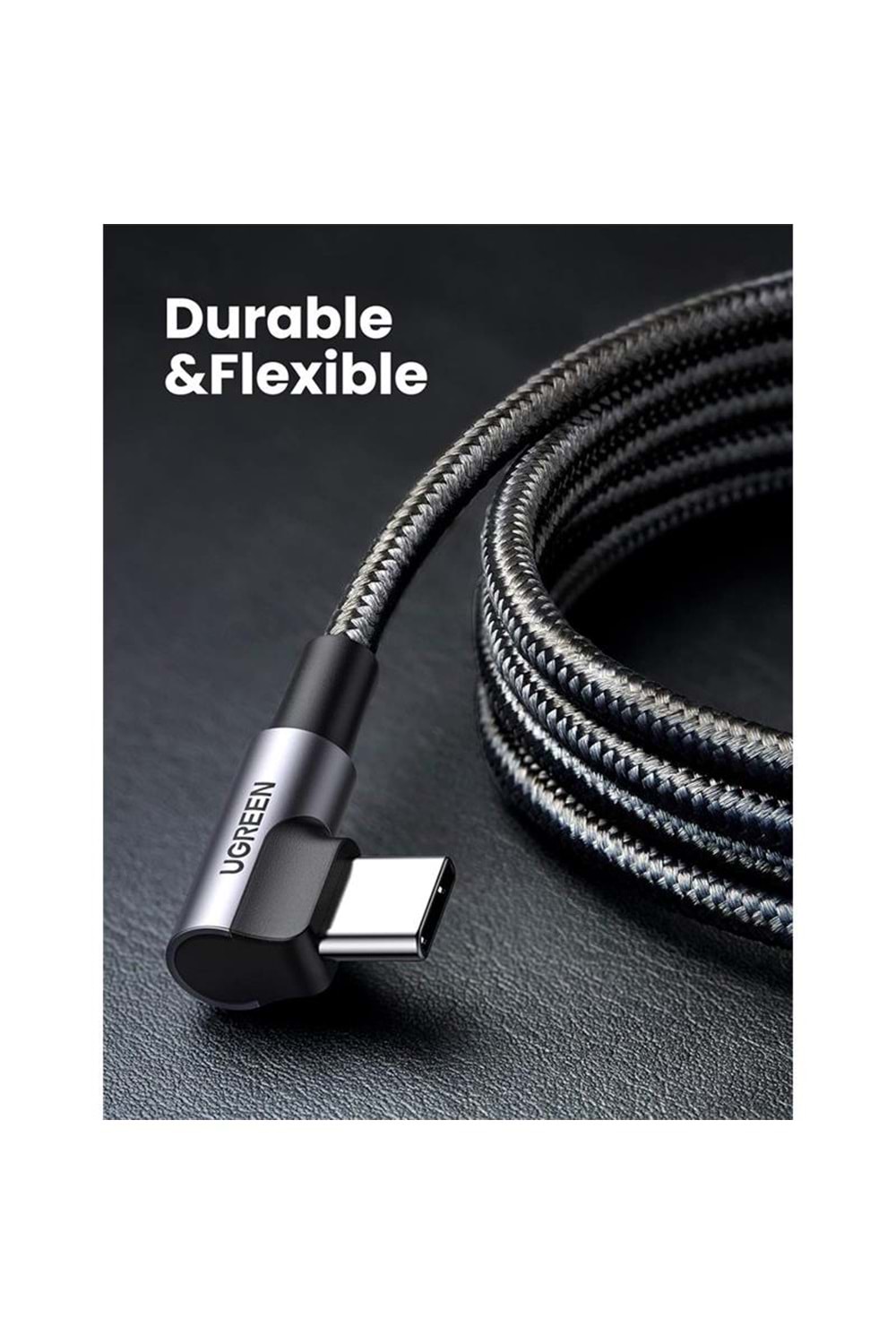 UGREEN USB-C 60W 3A QC PD ÇİFT TARAFI 90 DERECE ÖRGÜLÜ HIZLI ŞARJ KALOSU 2 MT SİYAH 70531 