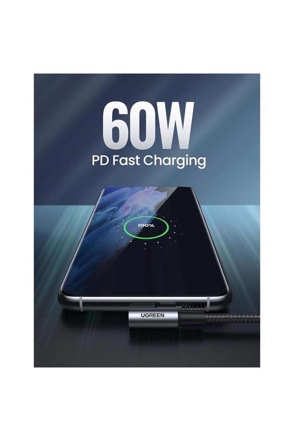 UGREEN USB-C 60W 3A QC PD ÇİFT TARAFI 90 DERECE ÖRGÜLÜ HIZLI ŞARJ KALOSU 2 MT SİYAH 70531 