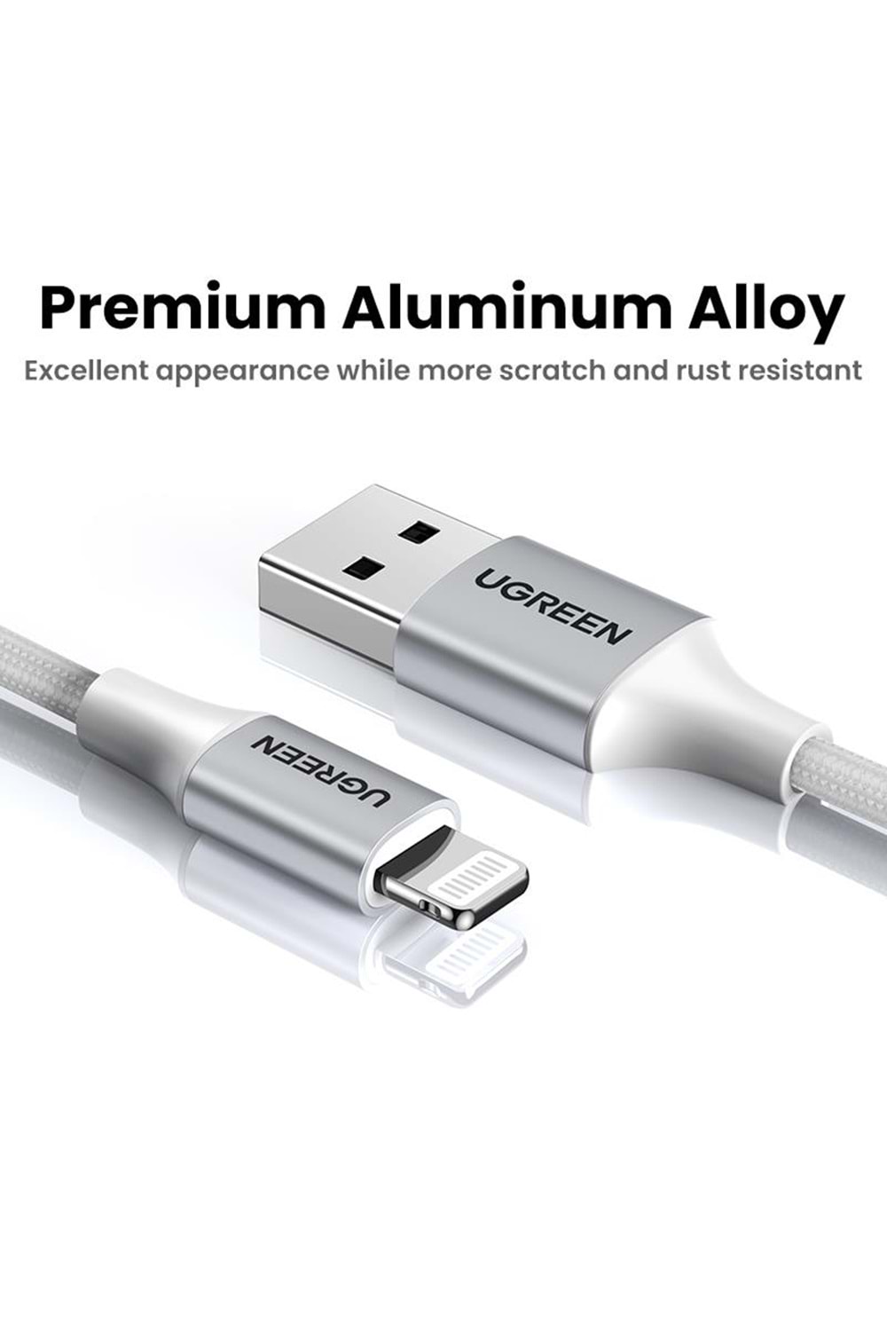 UGREEN LIGHTNING TO USB-A ÖRGÜLÜ MFİ SERTİFİKALI İPHONE HIZLI ŞARJ KABLOSU 2 METRE GÜMÜŞ 60163 