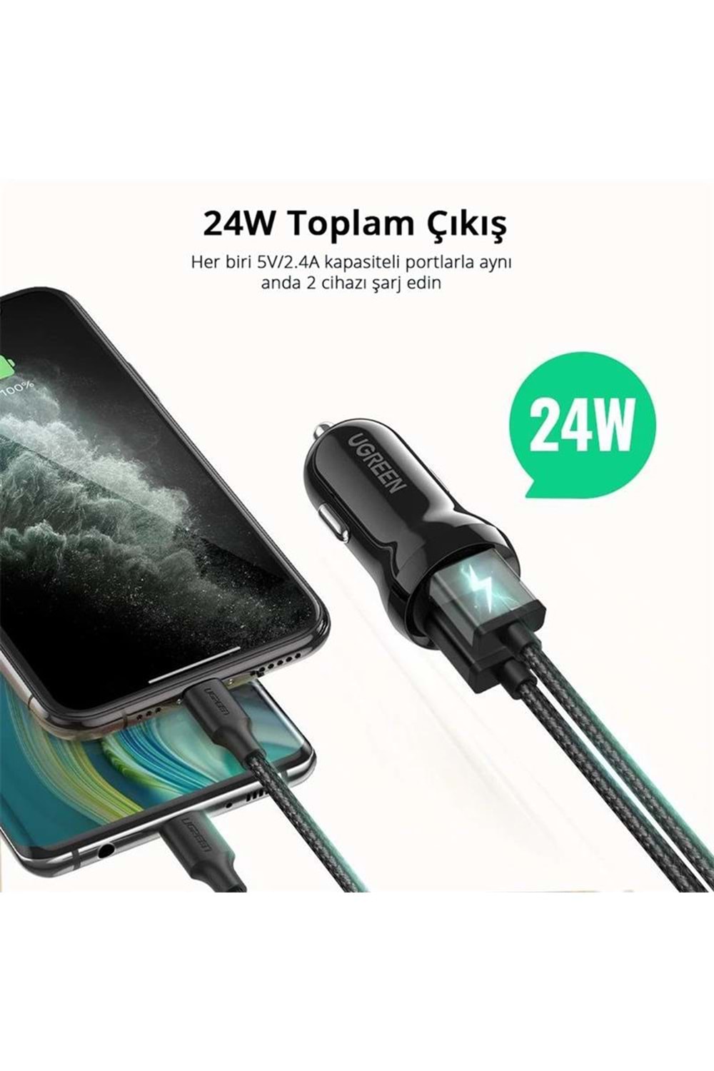 UGREEN 24W ARAÇ ÇAKMAKLIK ŞARJ CİHAZI 2XUSB-A SİYAH 50875 