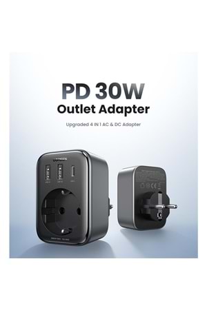 UGREEN AKIM KORUMALI DUVAR PRİZİ 2XUSB-A TYPE-C 30W GAN HIZLI ŞARJ CİHAZI 90613 