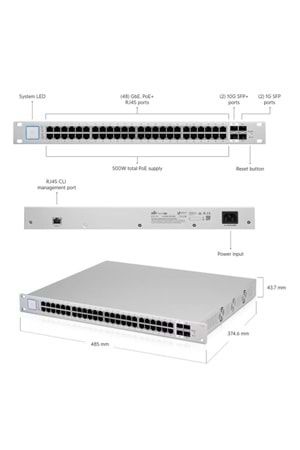 UBNT US-48-500W 48 PORT GIGABIT +2X1GB/2X10GB SFP UPLINK RACKMOUNT 500W POE SWITCH 