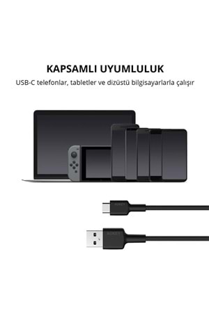 AUKEY CB-CD30-BK NAYLON ÖRGÜLÜ USB-A TYPE-C ŞARJ KABLOSU 0.9MT 
