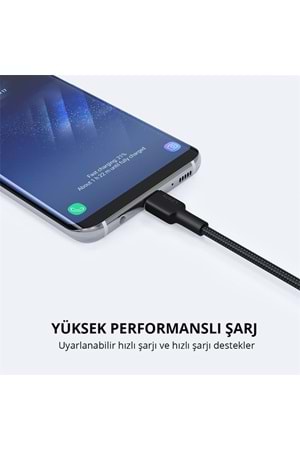 AUKEY CB-CD30-BK NAYLON ÖRGÜLÜ USB-A TYPE-C ŞARJ KABLOSU 0.9MT 