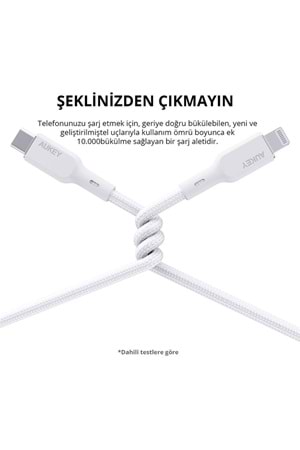 AUKEY CB-NCL1-WH NAYLON ÖRGÜLÜ 3A 480MBPS TYPE-C LIGHTNING KABLOSU 1.8MT 