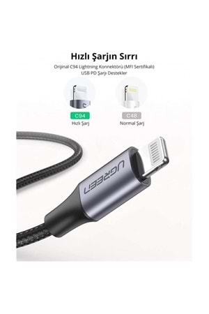 UGREEN TYPE-C TO LIGHTNING 3A PD MFİ SERTİFİKALI ÖRGÜLÜ HIZLI ŞARJ KABLOSU 1 MT SİYAH 60759 