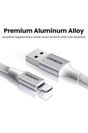 UGREEN LIGHTNING TO USB-A ÖRGÜLÜ MFİ SERTİFİKALI İPHONE HIZLI ŞARJ KABLOSU 2 METRE GÜMÜŞ 60163 