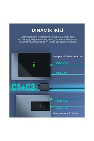 AUKEY PA-B7S-BK 100W DÖRT BAĞLANTI NOKTALI PD GAN DUVAR ŞARJ CİHAZI 
