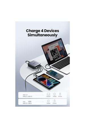 UGREEN NEXODE 100W GAN MASAÜSÜ HIZLI ŞARJ CİHAZI TYPE-C QC PD 4 PORTLU 3XUSB-C 1XUSB-A GRİ 90928 